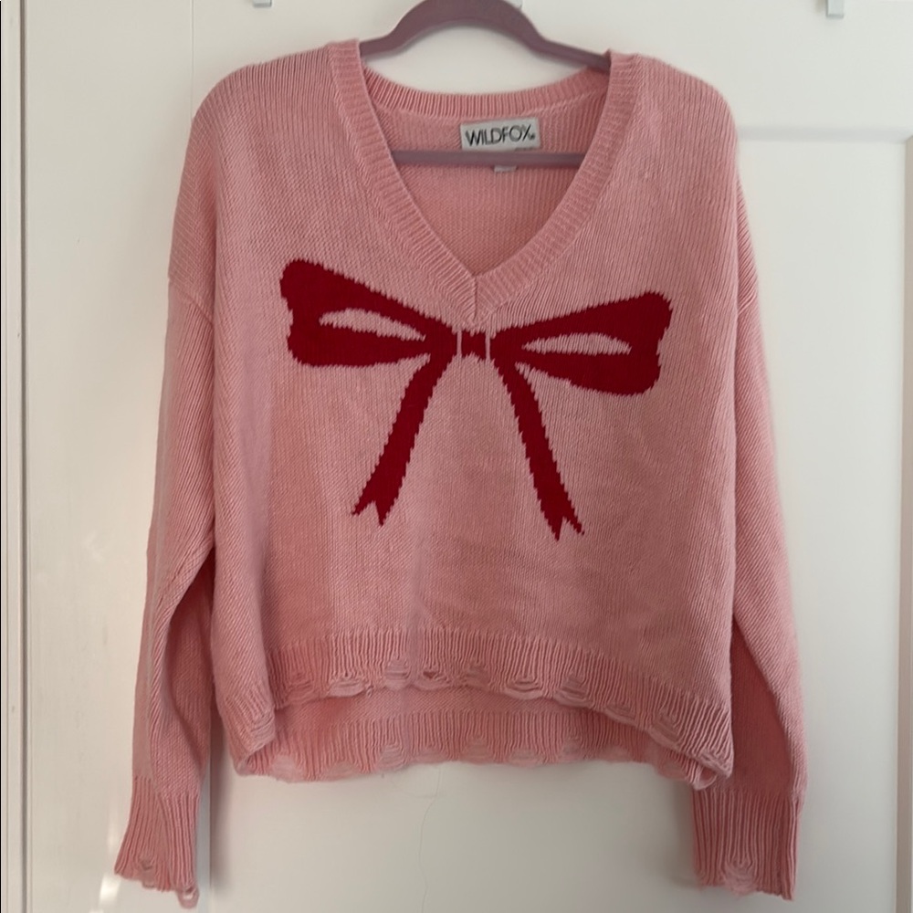 Wildfox Pink V-Neck Sweater with Red Bow